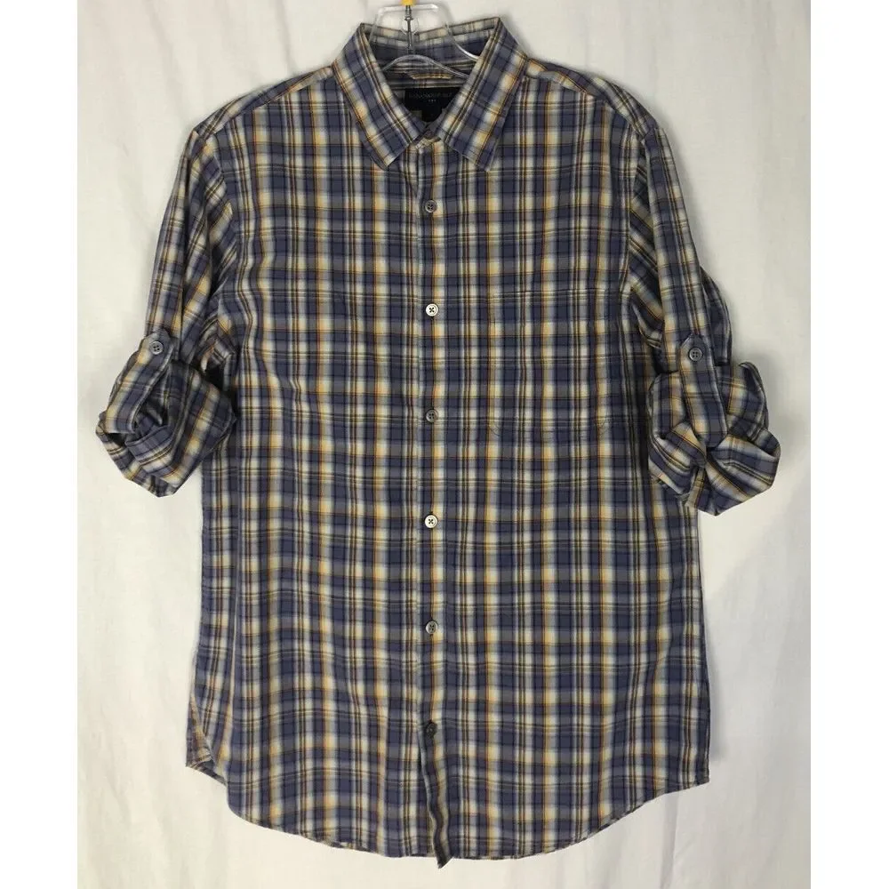 Banana Republic Shirt Mens S Blue Yellow‎ Plaid Button Front Roll Tab Sleeve